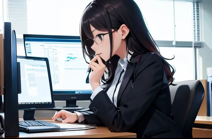 Office lady working on a computer at her office desk、Serious、1girl in