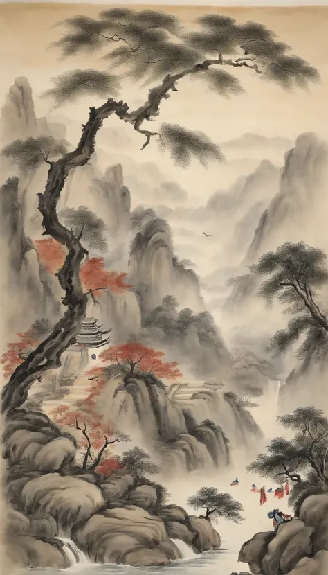 Chinese figure landscape painting，Ink painting and watercolor，larger ancient figures，The scholar，Lao Tzu，disciple，ink，Faraway view，Ultra-wide viewing angle，meticuloso，Low saturation in distant view，low-contrast，Beautifully depicted，Acura，Works of masters，t...