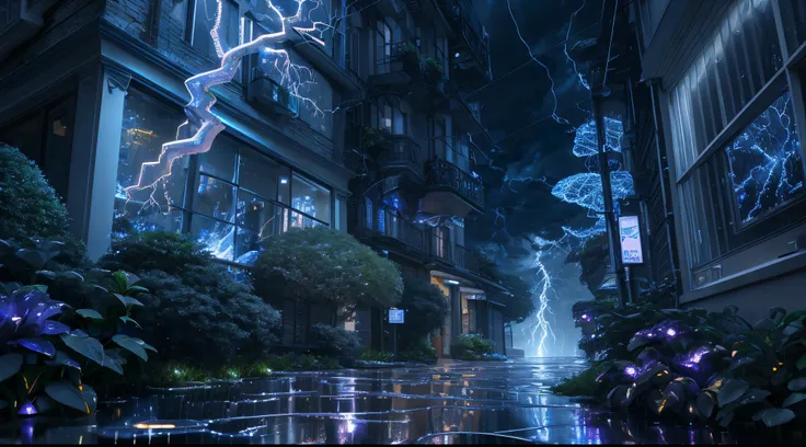 ((Silver Sapphire AI super-detailed abstract street photography)), (Indoors:1.2), bio luminescent, (masutepiece), Realistic, Cinematic Light, thunderstorm, hyper detailed painting, luminism, 4K resolution, fractal isometrics details, (Bioluminescent mushro...