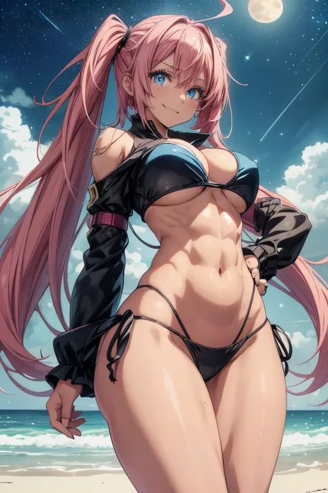 1 girl, (medium breasts))) (((big ass))), (pretty smile), (((wearing short bikini))), (long pink hair), (((blue eyes))), (in beach at night with starry sky and full blood moon), (slim waist), (large waist), (thin and muscular legs), muscular belly, bare fe...