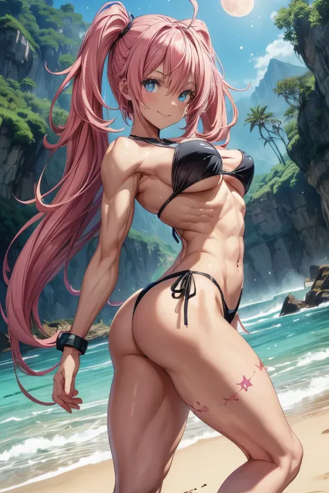 1 girl, (medium breasts))) (((big ass))), (pretty smile), (((wearing short bikini))), (long pink hair), (((blue eyes))), (in beach at night with starry sky and full blood moon), (slim waist), (large waist), (thin and muscular legs), muscular belly, bare fe...