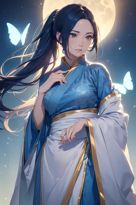 A beautiful woman, ((( golden hanfu, moon))), ((perfect body figure, beautiful face, beautiful face, milf, age 46, royal, soft blue color hair, ponytail hair style, beautiful skin, Extremely details hair, fine details)), (((cinematic lighting, beautiful li...