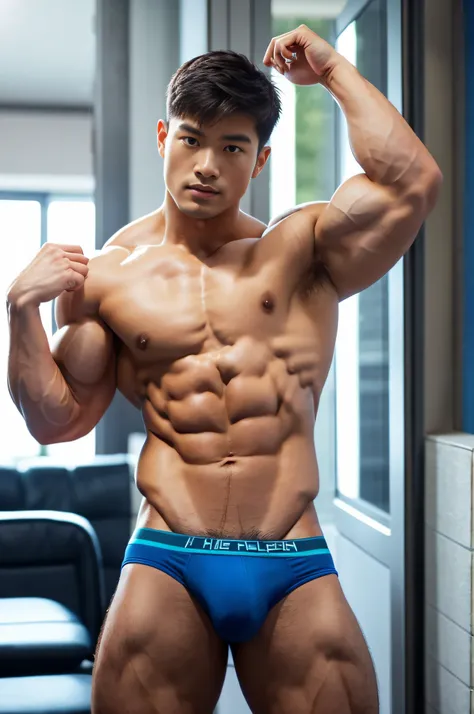 Masterpiece, Best Quality, Solo, Korean Men, bodybuilder, Muscular body, big muscle, Natural eyes, Short and delicate hair, Sexy Man, looking up at viewer, Triangle mens underwear, Erection, legs open, Muscular posture