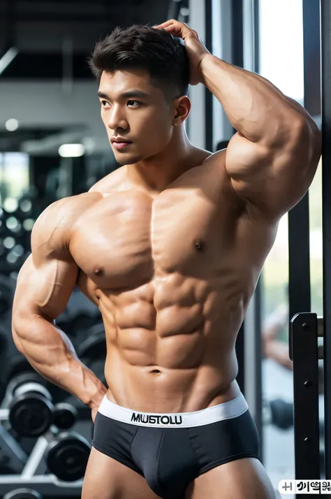 Masterpiece, Best quality, Solo, Korean man, gym background, bodybuilder, muscle body, big muscle, Natural eyes, large bulge, short detailed hair, Sexy guy, looking at viewert, black Brief, triangular mens underwear, standing