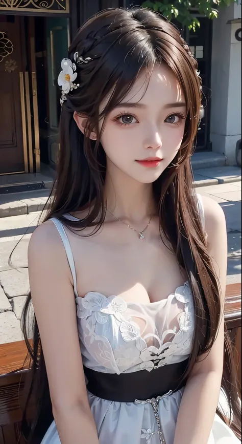 8K Ultra HD, masutepiece, Best Quality, beautiful  Girl, Long hair, Impressive hairstyle, beautiful hair decoration, 17 years old girl, ssmile, A sexy, lighting like a movie