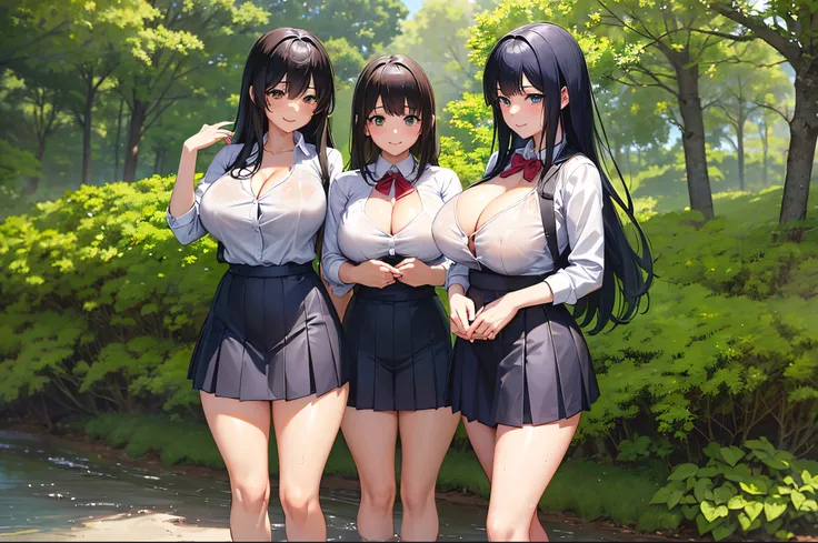 ((Three anime black-haired naughty girls in uniform)), Ecchi anime style, anime moe art style, Smooth Anime CG Art, Anime Girls, Kantai Collection Style, Ecchi style, Realistic Schoolgirl, Ecchi, a hyperrealistic schoolgirl, a hyperrealistic schoolgirl, be...