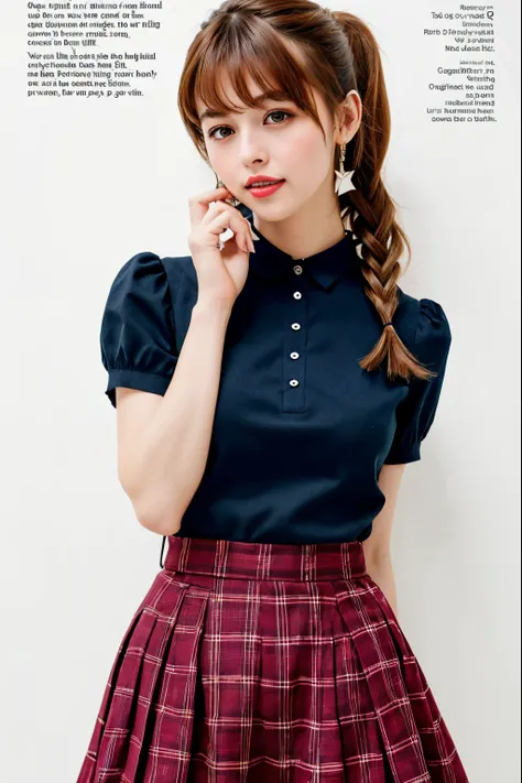 masterpiece, best quality, full body, 1girl, bangs, black choker, black necktie, black hair, blue skirt, blush, bracelet, breasts, choker, clothes around waist, collarbone, collared shirt, cowboy shot, dress shirt, ear piercing, eyebrows visible through ha...