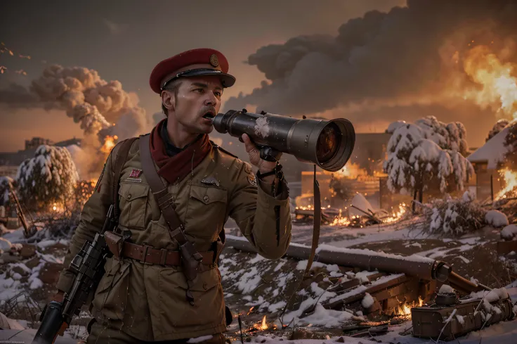 Male soldier, Russian features, angry face, shouting loudly, military hat, dark red Soviet winter uniform, belts with ammunition, carries machine gun, snowy day, fire, destroyed tanks, smoke, debris, red sky, low light light, 4k, Ultra detailed image, real...