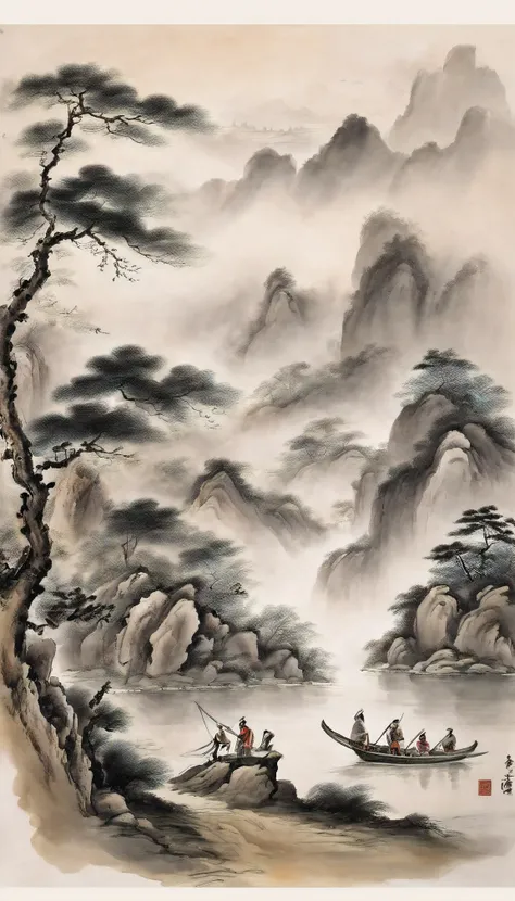 Chinese landscape painting，Ink painting and watercolor，Ancient figures，The scholar，Lao Tzu，disciple，ink，soiled，Faraway view，Ultra-wide viewing angle，meticuloso，distant boat，Faraway view，meticuloso，soiled，low-saturation，low-contrast，The light boat has cross...