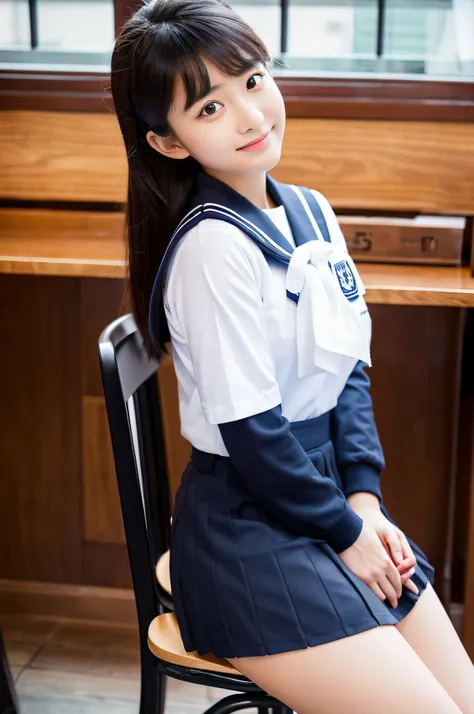 rialistic photo、A girl wearing a navy sailor uniform and a navy miniskirt is sitting on a chair.