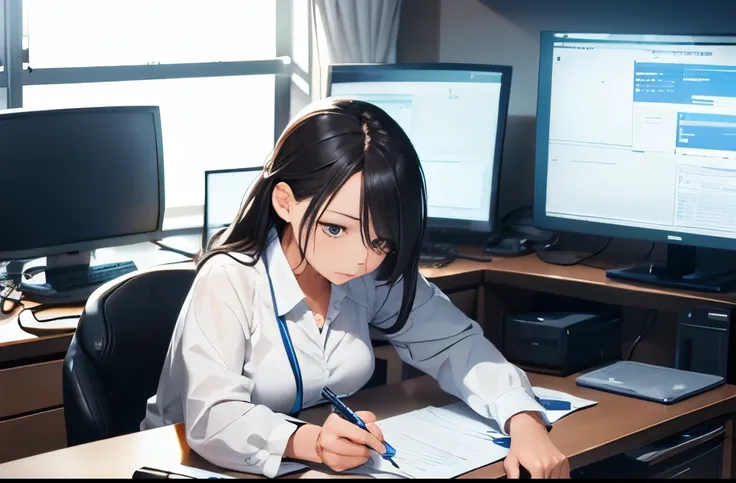 Office lady working on a computer at her office desk、Serious、1girl , professional