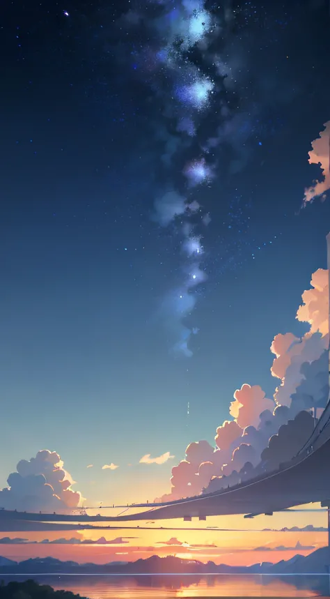 High Quality Masterpiece ，scenecy，Anime train passing through a body of water on the tracks， starrysky。Romantic Train，pixiv，concept-art，Laffy art style，Reflectors。 by makoto shinkai, lofi art, Beautiful anime scenes, Anime landscapes, detailed scenery —wid...