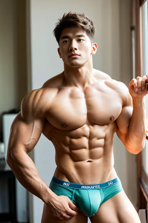 Masterpiece, Best Quality, Solo, Korean Men, bodybuilder, Muscular body, big muscle, Natural eyes, Short and delicate hair, Sexy Man, looking up at viewer, mens underwear, Standing, Muscular posture