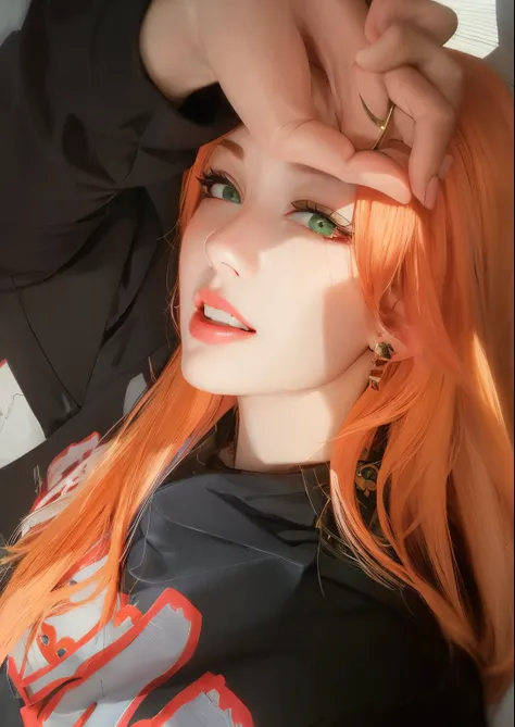 (masterpiece, best quality, 1girl, solo, intricate details, chromatic aberration), realistic, ((medium breath)),long hair, pink hair, (hair ornament:1.35), red head ornament, red highlights, hair over one eye, green eyes, sharp eyes, choker, neon shirt, to...