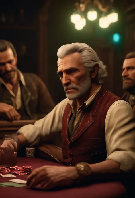 A photo of Hosea enjoying a game of poker with a group of friends in a dimly lit speakeasy.,Red Dead Redemption II, Hosea is a lean, elderly man with neat, silver hair cut short and a clean-shaven face.