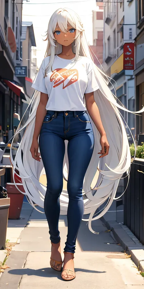 1 girl, brown skin, T-shirt, jeans, long white hair, blue eyes, Full body