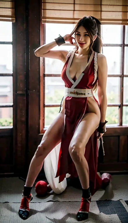 mai shiranui, Brown eyes, The whole body is reflected,Toes are visible, Standing, Full body, Prestige, Long hair, Brown hair, White ribbon, Sleeveless, poneyTail, sash, pelvis curtain, arm guards, mitts, tabi, fascinated expression, Sexy eyes, medium breas...