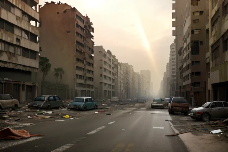 The streets are filled with abandoned cars and garbage，The air smells of dust and scorched earth。High-rise buildings collapsed into ruins，There are dark clouds floating in the sky，Sunlight almost completely disappears。People wander around this abandoned ci...