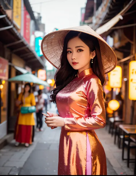 Vintage bright color beautiful girl Ao Dai tradition Vietnam, city nigth, masutepiece, Best Quality, Realistic:1.3, Street, Cyberpunk, Sunlight, Backlighting, art  stations, Intricate details, Vignette, City Night, antique car, Hoi An, Conical Hat Traditio...