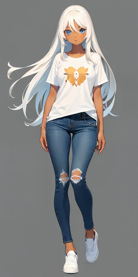 1 girl, brown skin, T-shirt, jeans, long white hair, blue eyes, Full body