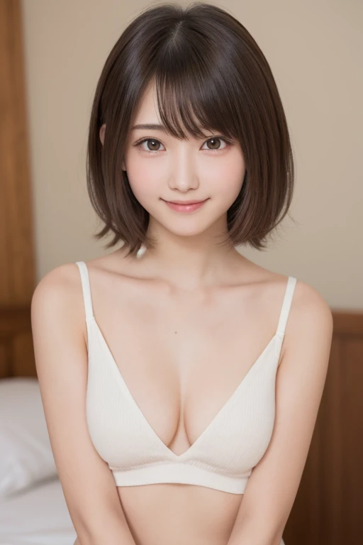 masutepiece, Best Quality, One girl, (Beautiful Girl:1.3), (16 years old:1.2), Very fine eye definition, (Symmetrical eyes:1.3), NSFW, (Put out naked, Cute sleeveless:1.3), Beautiful breasts, Brown eyes, Parted bangs, Brown hair, Upper teeth,Bedrooms,A smi...