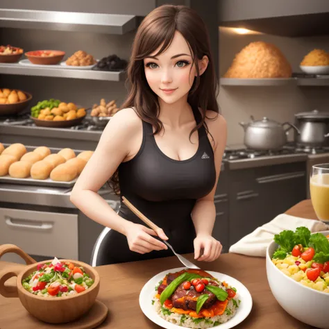 Pretty sportive woman surrounded with healthy recipes