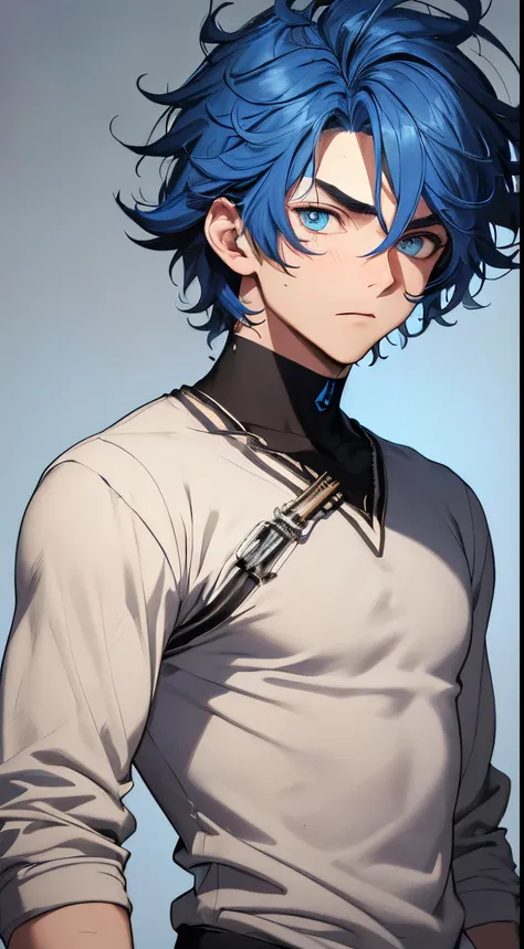 (absurdres, highres, ultra detailed, teenage man, Blue and messy hair, bright eyes, looks like an adult, simple forms, masculine and brutish features, vibrant colors, neutral expression, untrained aesthetic