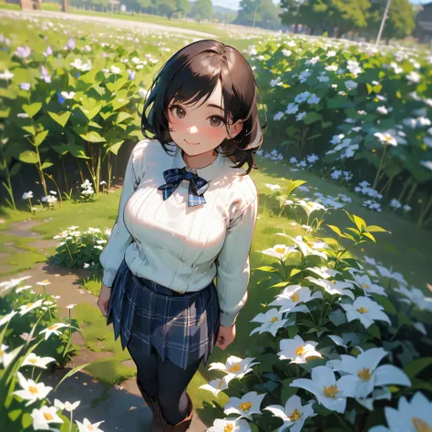 (High quality, High resolution, Ultra-detailed, Realistic:1.37), peaceful ambiance, (plein air, garden), Teenage girl standing alone, (My breasts are big.), Beautiful detailed features, Cute smile, (Black bob hair), Rib Sweater, blue plaid skirt, Black tig...