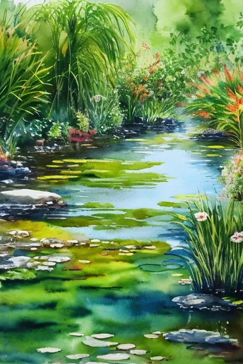 biotope landscape painting,watercolor paiting.Biodiversity,Rear stick,8K,Realistic,Parent and child observing,Narrow range,killifish,a dragonfly,aquatic plants,An urban oasis,small scale,inside a small park,