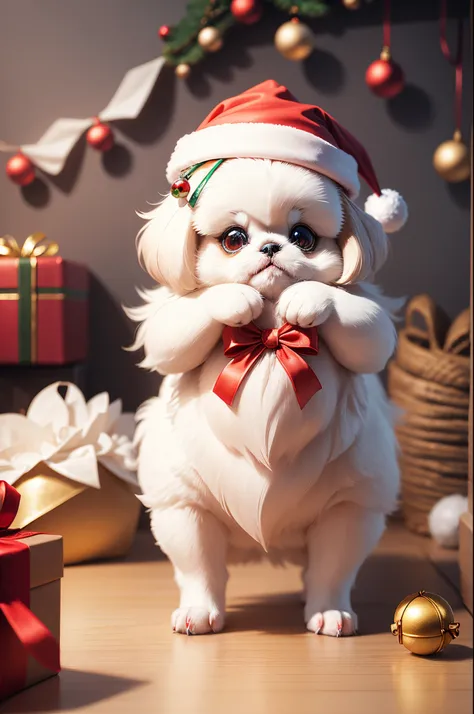 3D vector art、Colorful cute white pekingese dog、dog is wearing a christmas hat、dog has a bell&#39;Collar、 cute christmas present, dog is fluffy、Ultra-realistic high quality,  Cute and quirky, Fantasy Art, Watercolor effect、little girl hugging a dog