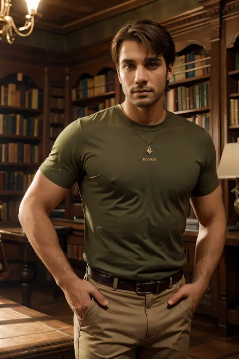 Inside Enchanted, Magical Library, A handsome, Standing Man, With dancing eyes, looking into the camera, wearing khaki pants and Tee shirt, Magical, sparkling walls, Detailed details，depth of fields,