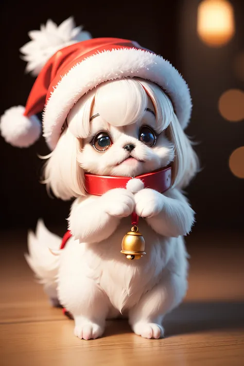 3D vector art、Colorful cute white pekingese dog、dog is wearing a christmas hat、dog has a bell&#39;Collar、 cute christmas present, dog is fluffy、Ultra-realistic high quality,  Cute and quirky, Fantasy Art, Watercolor effect、little girl hugging a dog