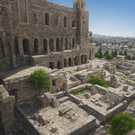 A cinematic angle of Solomon’s temple in Jerusalem, ultra detailed, highest resolution, 8k hyper realistic, detailed stone work, perfect craftsmanship, megalithic stone foundations