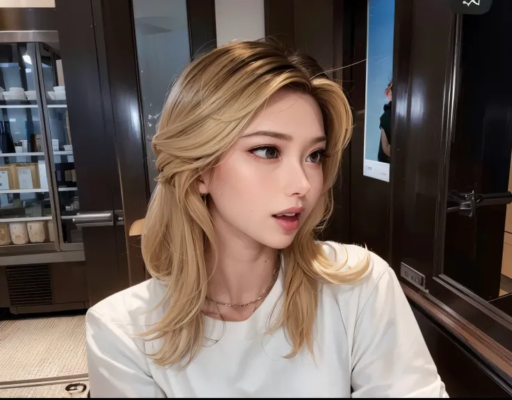 Blonde woman with long hair sitting at the table with a plate of food, hime-cut, With short hair, Wavy shoulder-length hair, tzuyu from twice, white hime cut hairstyle, nffsw, shoulders - length blonde hair,, middle length hair, parted hair, mid - length h...