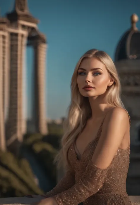 A poised and alluring woman with captivating blue eyes, resembling the ultra-realistic Sophie Mudd. Blonde girl, She wears natural makeup, exudes a sexy charm in a short dress, blonde hair color and poses in Eiffel tower setting with a prominent bust.