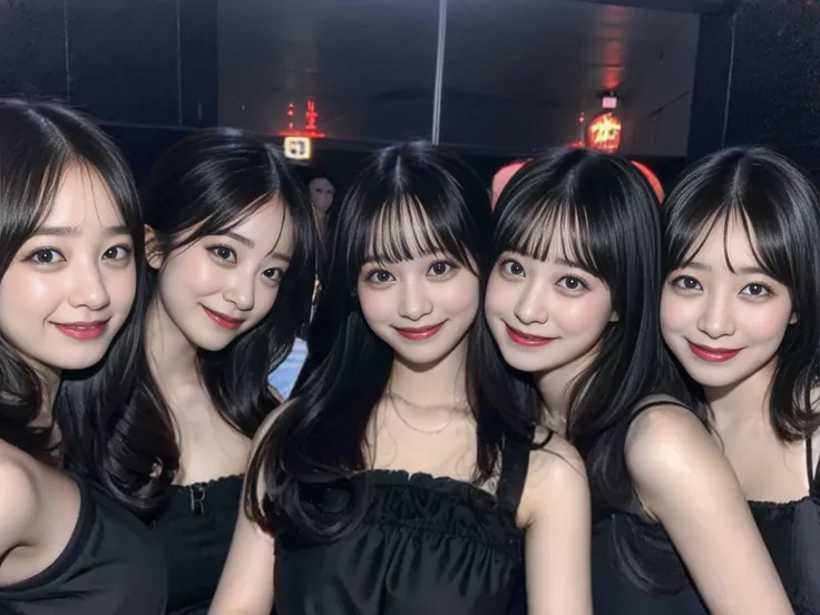 a picture、multiple girls,5girls,14years、a smile、Long black hair、Black dress、huge tit、chum、The same face、same person、HashimotoKanna