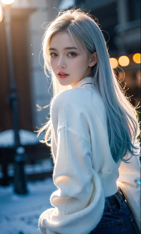 beautiful, young woman, in the crystal and ice area, fluttering snow, horse riding, a white hourse, gradient hair, white hair, blue hair, long hair, eye reflection, disdain, ray tracing, reflection light, blurry, glowing light, depth of field, chiaroscuro,...