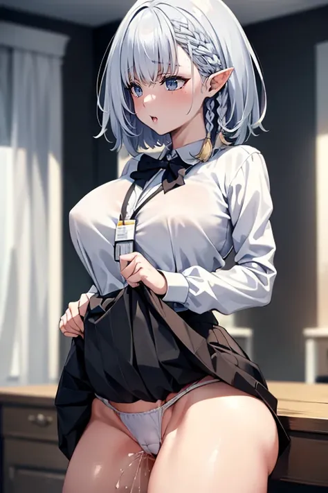 1个Giant Breast Girl, table hump, crotch rub, white  shirt, pencil skirts, 
office room, white  panties, skirt lift, lanyard, desks, lifting, multiple boys,suggestive liquid,, tmasterpiece, Best quality at best, The is very detailed, cheveux gris courts