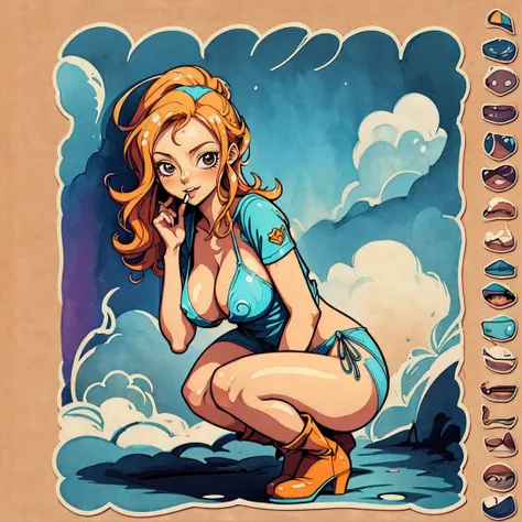 STICKER, (solid outline:1.3), (NSFW:1.2), A detailed illustration of a vivid Sexy Nami from One Piece squatting down with her mouth open and long tongue sticking out, bare breasts, blue thong, legs open, face view, Solo Female, big breasts, erect nipples, ...