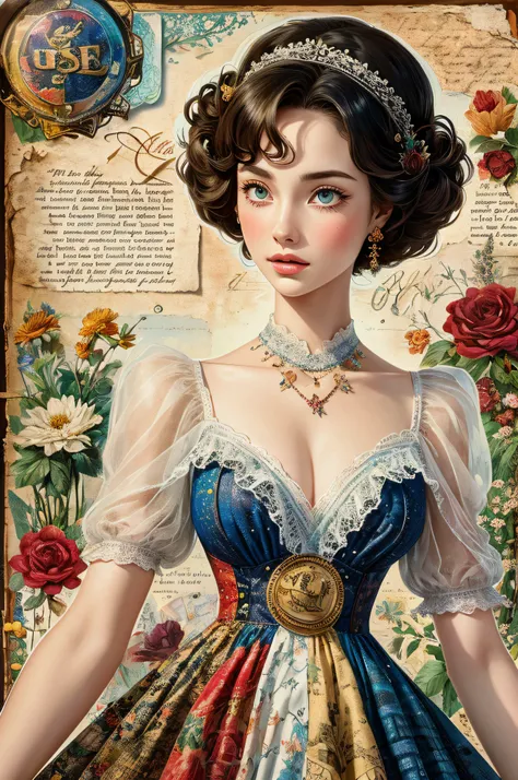 Super detailed alcohol ink painting of gorgeous girl, Made on top of a mixed-media masterpiece patchwork of stress-free vintage script paper, Ephemera, Torn cardboard, Vintage newspaper, Vintage sheet music, Wax Seal, Dress made of paper ruffles and life-s...