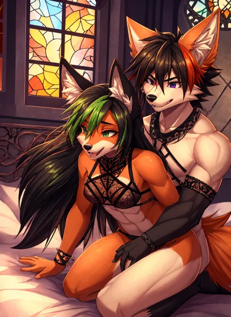 (best quality, high res, masterpiece:1.2),ultra-detailed, foxy girl, black hair with green highlights, detailed fox snout, distinct fox ears, vibrant orange fur, edgy punk hairstyle, lace gothic attire, exposed breasts, well-defined abdominal muscles, ((ha...