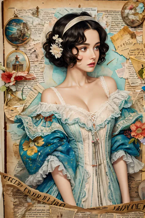 Super detailed alcohol ink painting of gorgeous girl, Made on top of a mixed-media masterpiece patchwork of stress-free vintage script paper, Ephemera, Torn cardboard, Vintage newspaper, Vintage sheet music, Wax Seal, Dress made of paper ruffles and life-s...