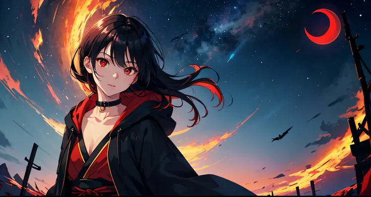 (masterpiece), (best quality), ultra high res, professional artwork, ultra detailed, intricate, detailed face, perfect lighting, 1girl, black hair, (red eyes), AKATSUKI OUTFIT, ninja, black cloak, black coat, high collar, collarbone, head, night, night sky...