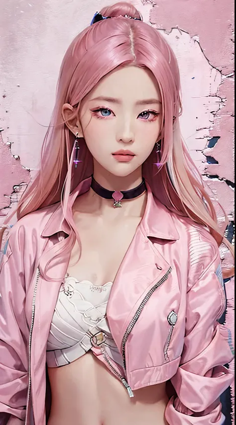 (masterpiece, best quality, 1girl, solo, intricate details, chromatic aberration), realistic, ((medium breath)),long hair, pink hair, red head ornament, pink highlights, hair over one eye,purple eyes, earrings, sharp eyes, choker, neon shirt, open jacket, ...