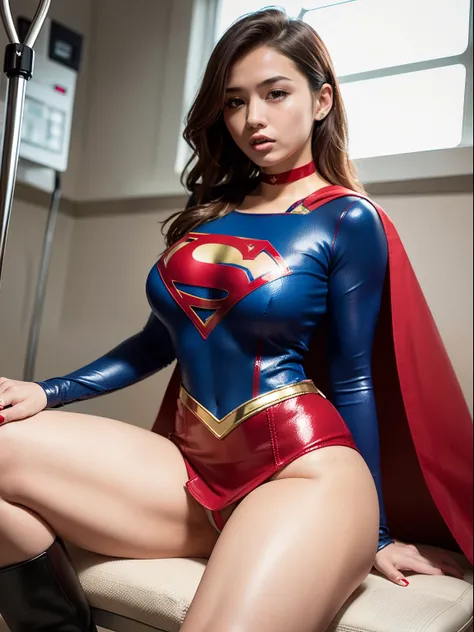 ​masterpiece,Short-haired supergirl spreading her thighs on a hospital operating table、large full breasts、Looking at the camera、Glossy enamel costume、Glossy red enamel long boots、Shiny red skirt、a choker、Glimpse、Fluttering cloak、seduces、sexypose、shame、Insu...