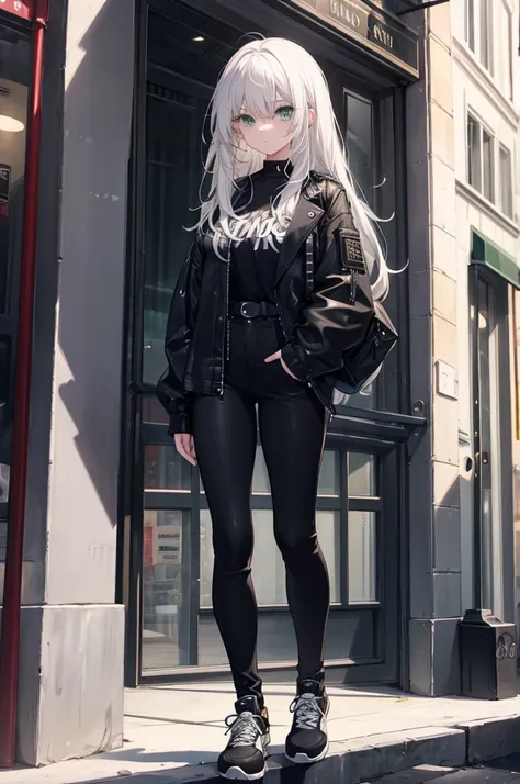 a beautiful girl with white hair and green eyes wearing a black jean jacket. green blouse and black jeans. black sneakers