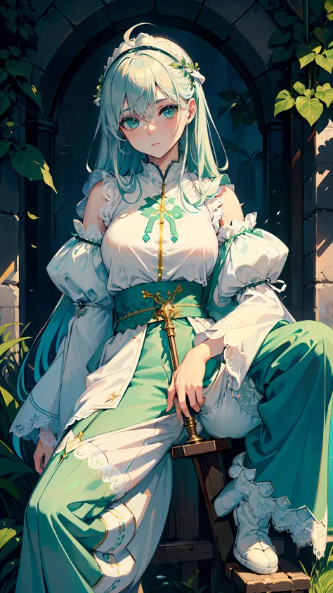 masterpiece, ultra detailed, 8k portrait, RAW photo, portrait photography, Highly detailed face, beautiful and meticulous eyes, ((Fantasy)), Young beautiful, (((Female priest))), (((((spread legs standing))))), (light blue long thin hair)), ahoge, hair ove...