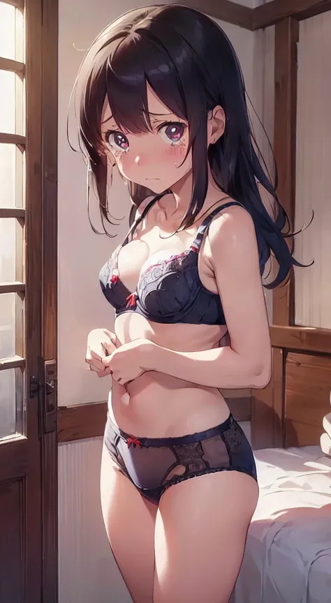 masutepiece, Best Quality,Illustration, Wallpaper, Ultra Detail, Little Face Lori、(((molesting)))、((fear:1.5)))、(Teary-eyed:1.5)、(((Cute underwear)))、ample breasts、((Morester))、((Girl getting her bra removed by a man))、Cherry-colored nipples