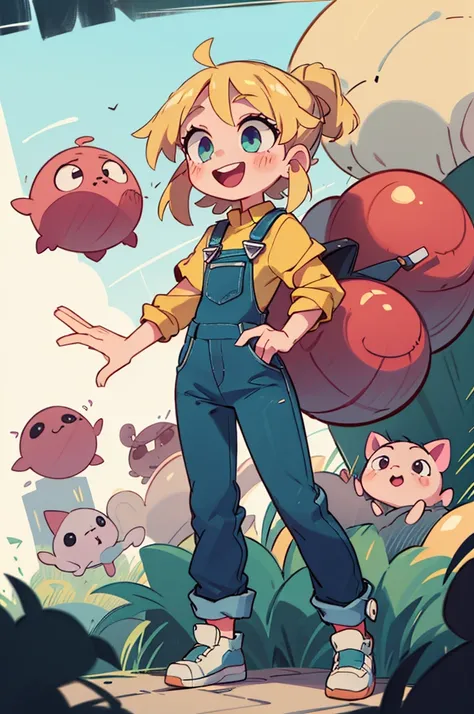 master part, Beautiful, 4k, circunstanciado, detalhes intrincados, Child, Loli, catsuit, denim jumpsuit, Handcuffed overalls, blonde hair, longos rabos de porco loiros, Cabelos ballies, bolas de gravata de cabelo rosa, rabos de porco de fluxo longo, olhos ...