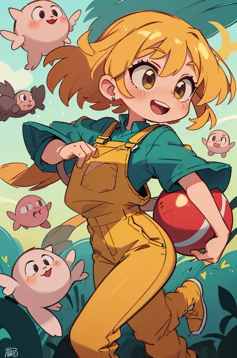 master part, Beautiful, 4k, circunstanciado, detalhes intrincados, Child, Loli, catsuit, denim jumpsuit, Handcuffed overalls, blonde hair, longos rabos de porco loiros, Cabelos ballies, bolas de gravata de cabelo rosa, rabos de porco de fluxo longo, olhos ...